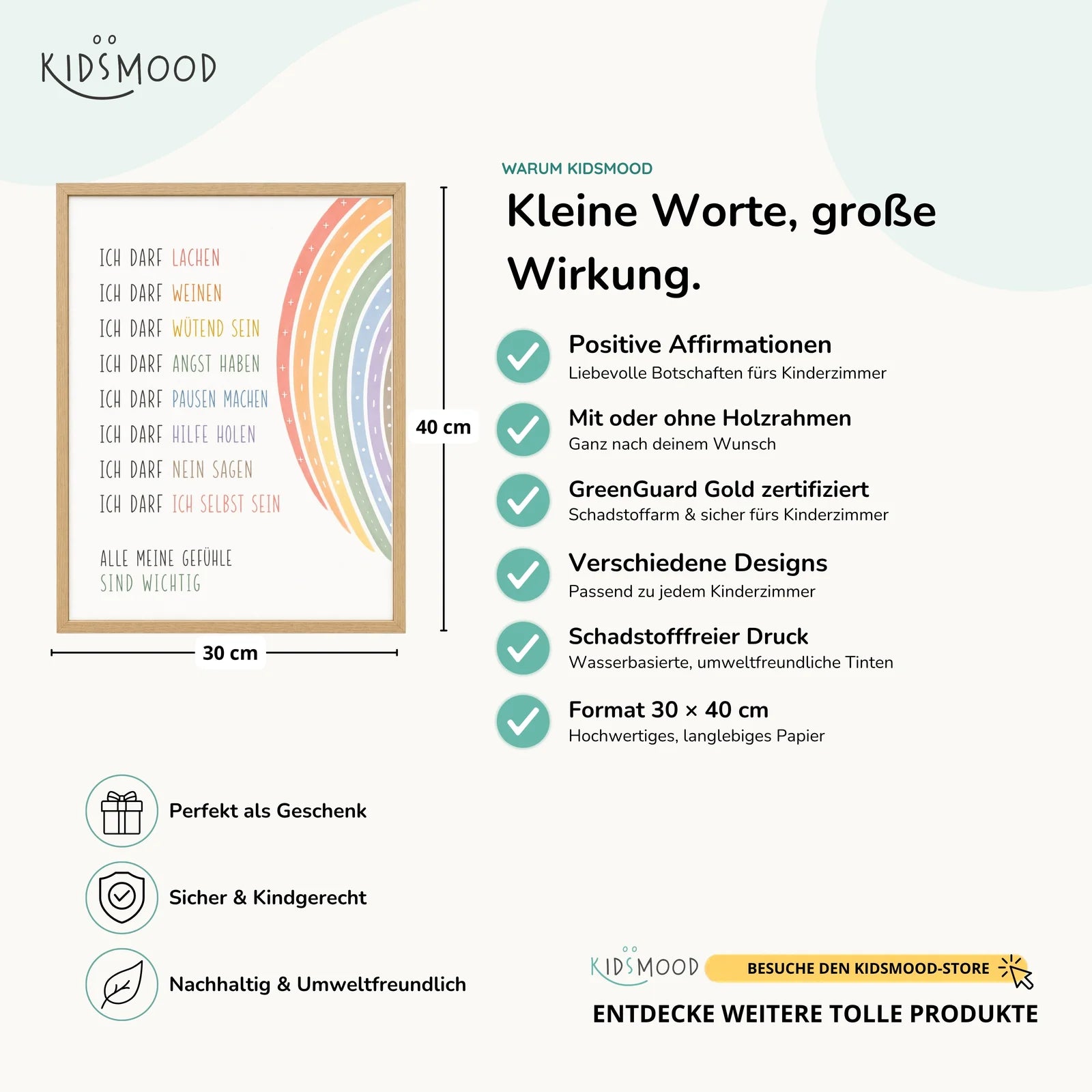 Affirmationsposter Kinderzimmer Minimal Ich darf, Hauptbild im Holzrahmen, Format 30 x 40 cm