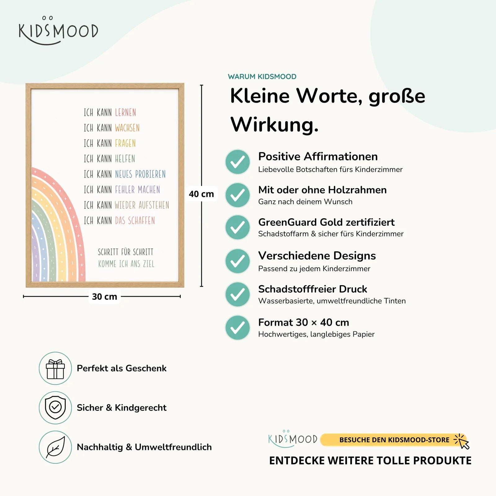 Affirmationsposter Kinderzimmer Minimal Ich kann, Hauptbild im Holzrahmen, Format 30 x 40 cm