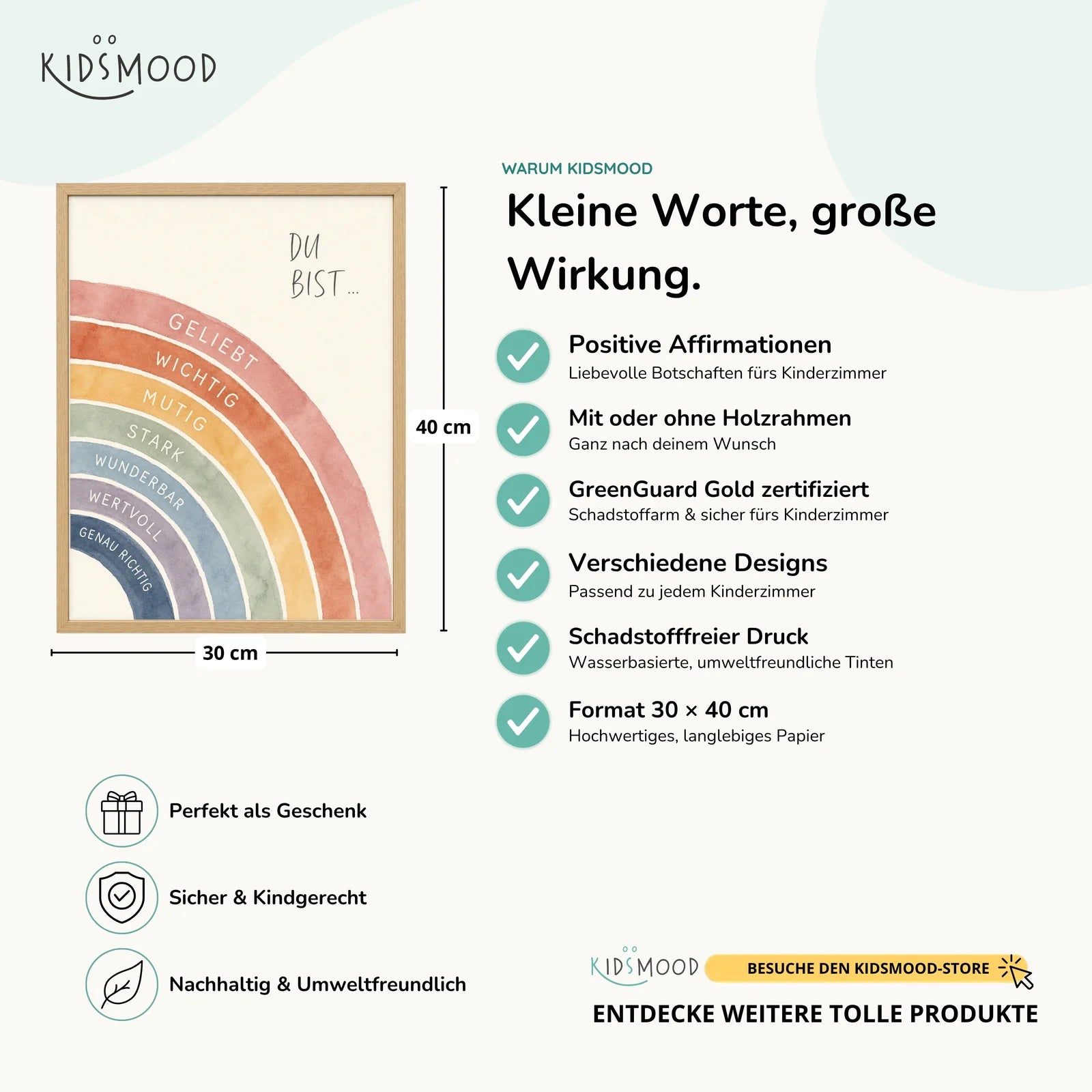 Affirmationsposter Kinderzimmer Regenbogen Du bist, Hauptbild im Holzrahmen, Format 30 x 40 cm