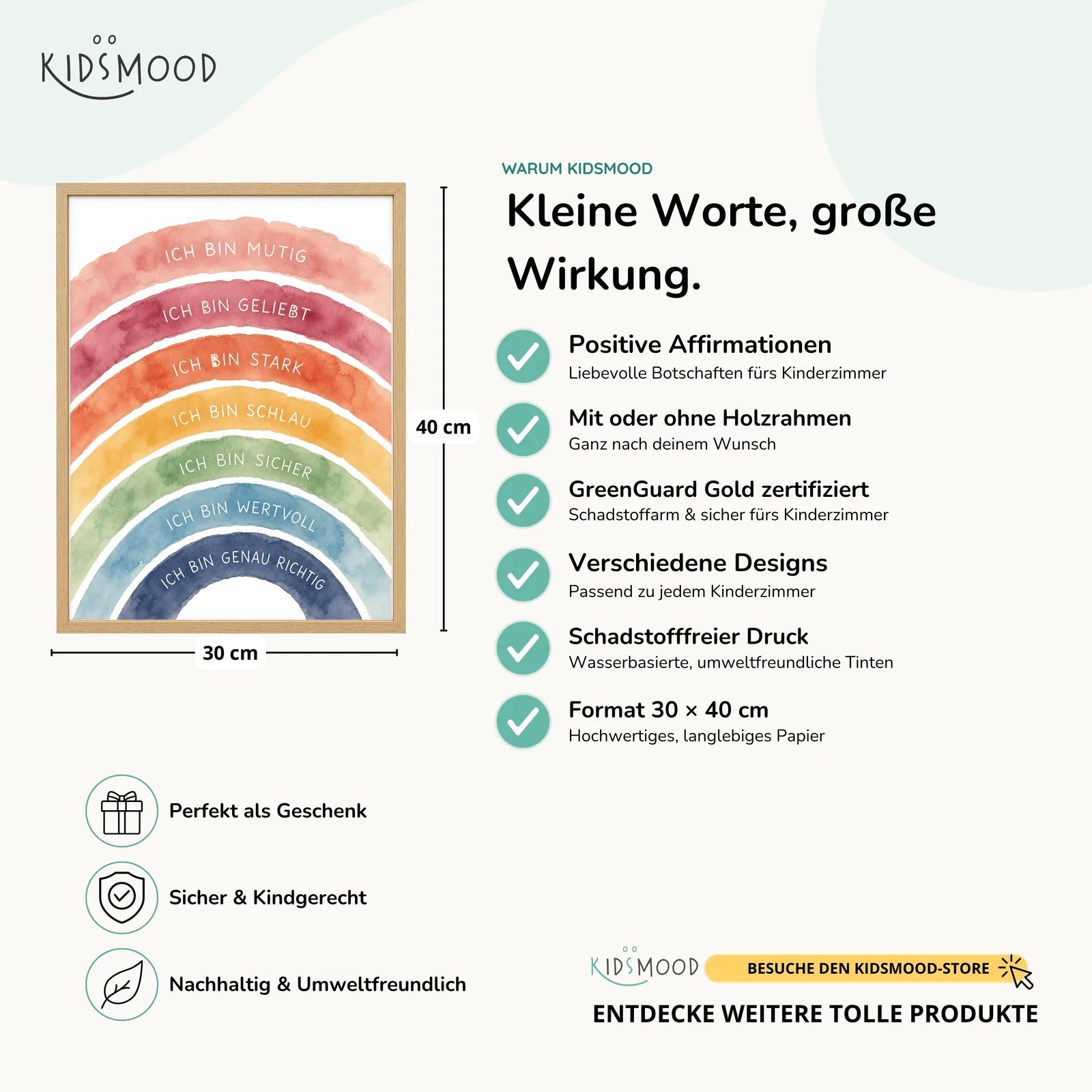 Affirmationsposter Kinderzimmer Regenbogen Ich bin bunt, Hauptbild im Holzrahmen, Format 30 x 40 cm