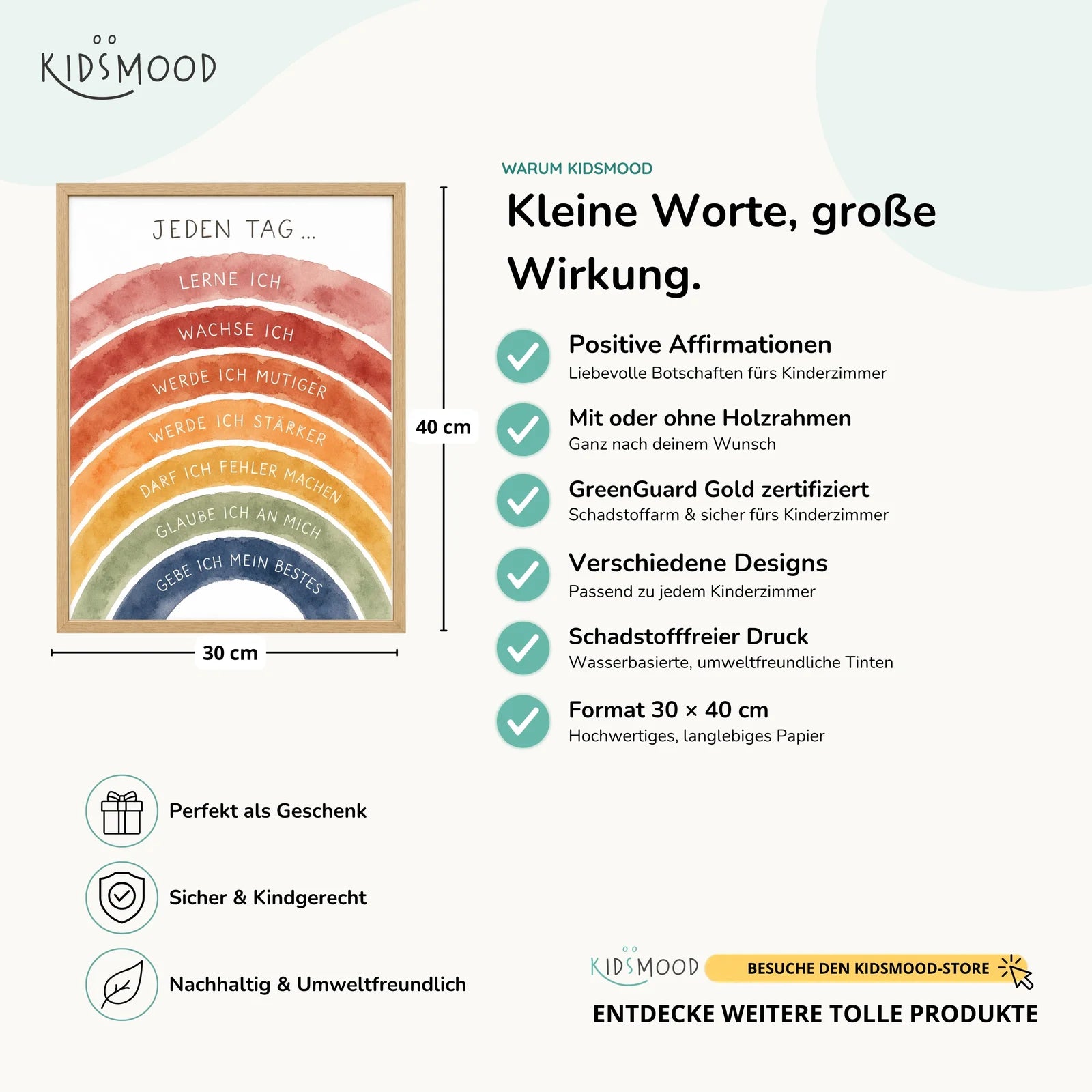 Affirmationsposter Kinderzimmer Regenbogen Jeden Tag, Hauptbild im Holzrahmen, Format 30 x 40 cm