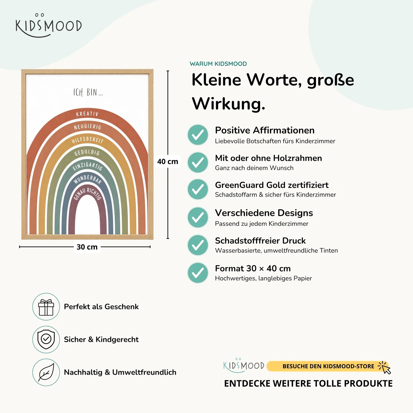 Affirmationsposter Kinderzimmer Regenbogen Terracotta, Hauptbild im Holzrahmen, Format 30 x 40 cm