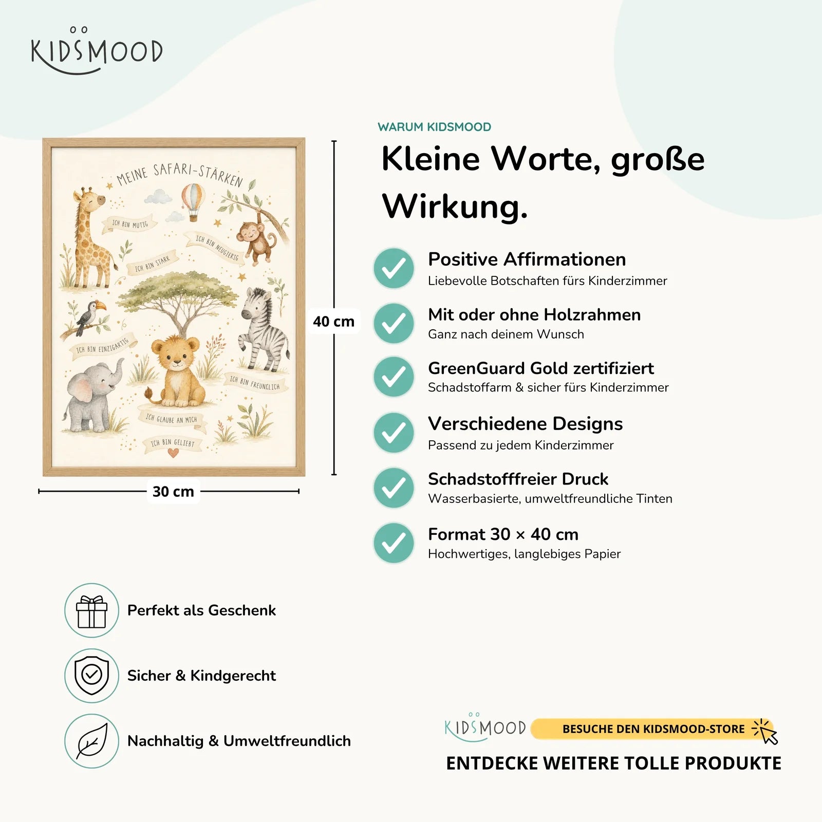 Affirmationsposter Kinderzimmer Safari-Stärken, Hauptbild im Holzrahmen, Format 30 x 40 cm