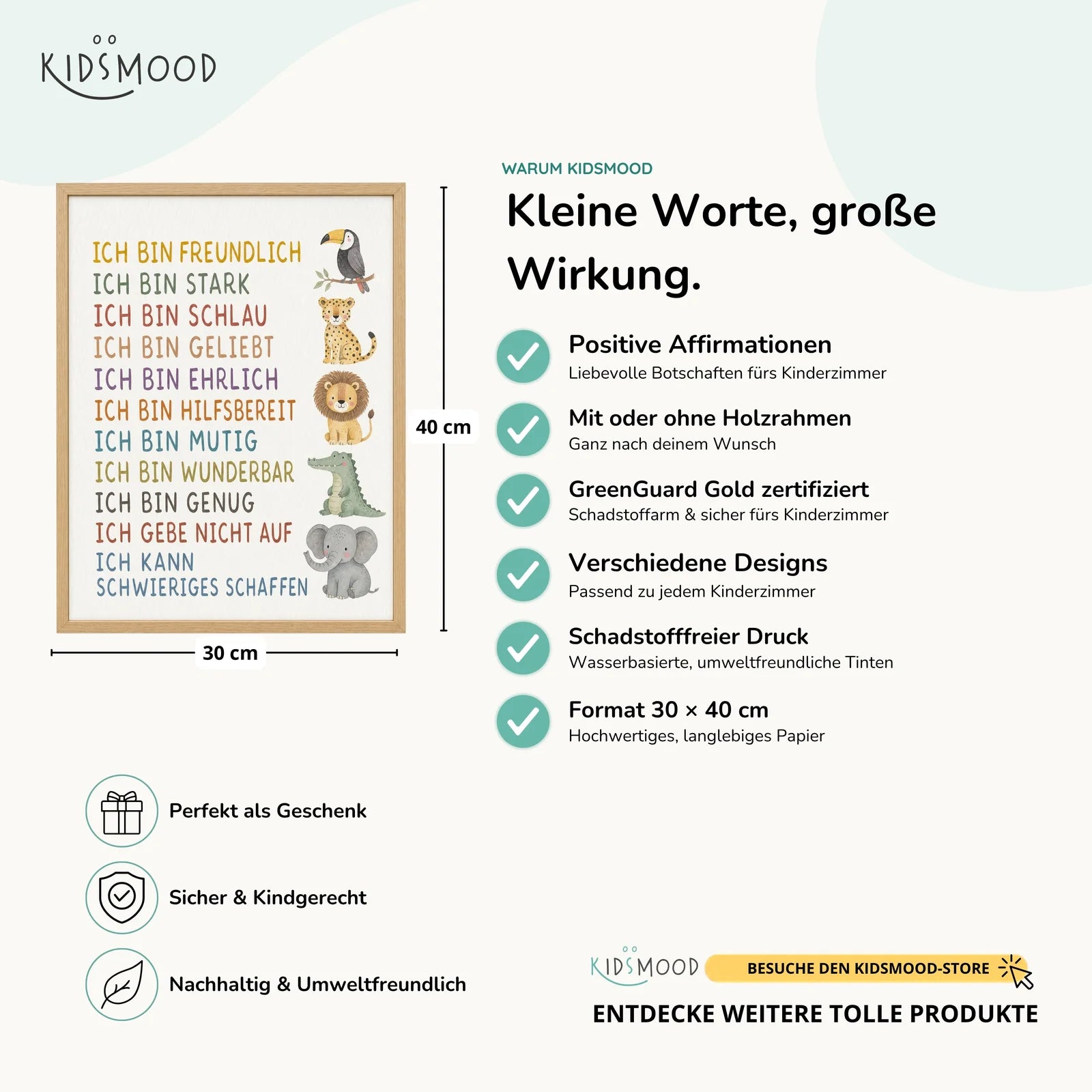 Affirmationsposter Kinderzimmer Safaritiere, Hauptbild im Holzrahmen, Format 30 x 40 cm