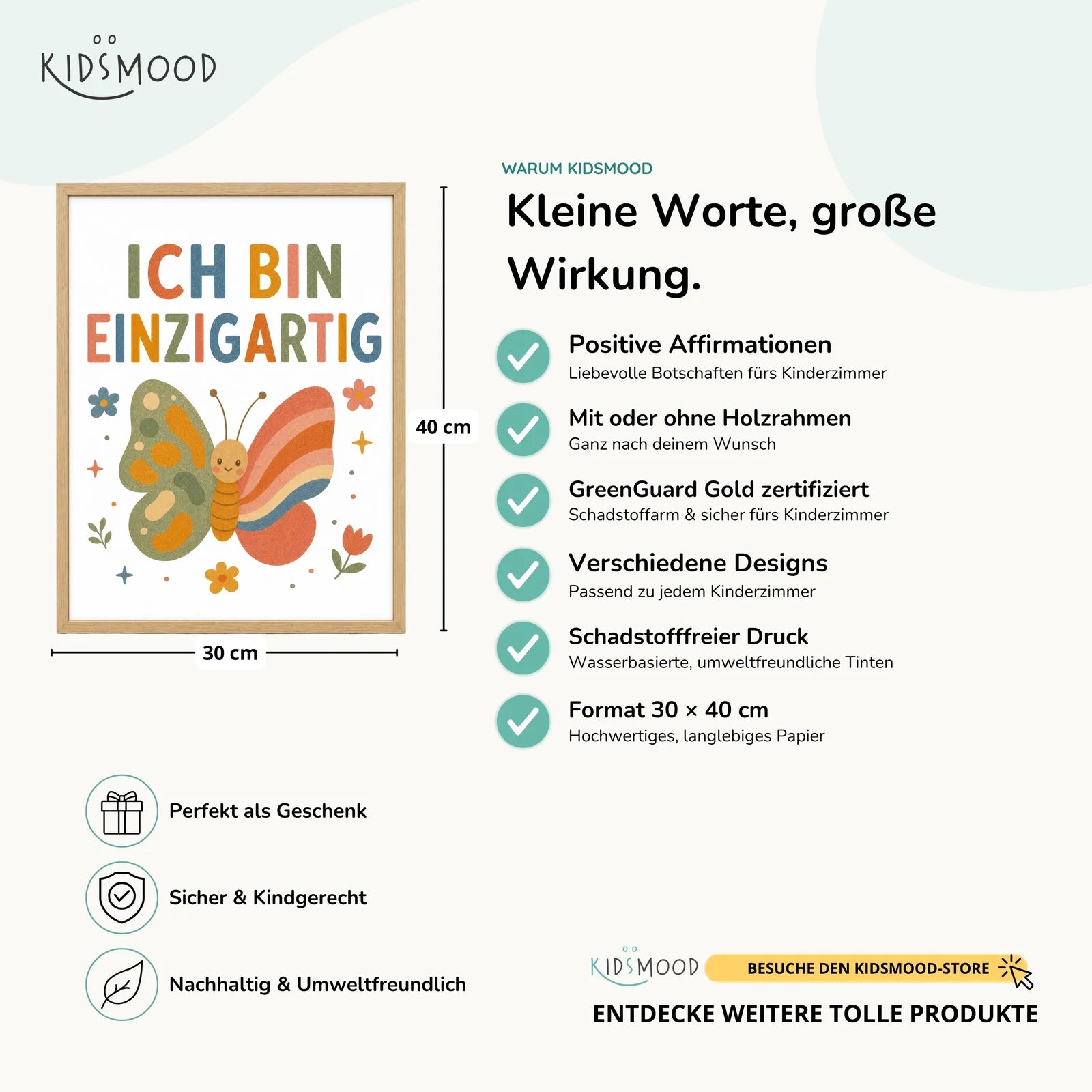 Affirmationsposter Kinderzimmer Schmetterling Ich bin ich, Hauptbild im Holzrahmen, Format 30 x 40 cm
