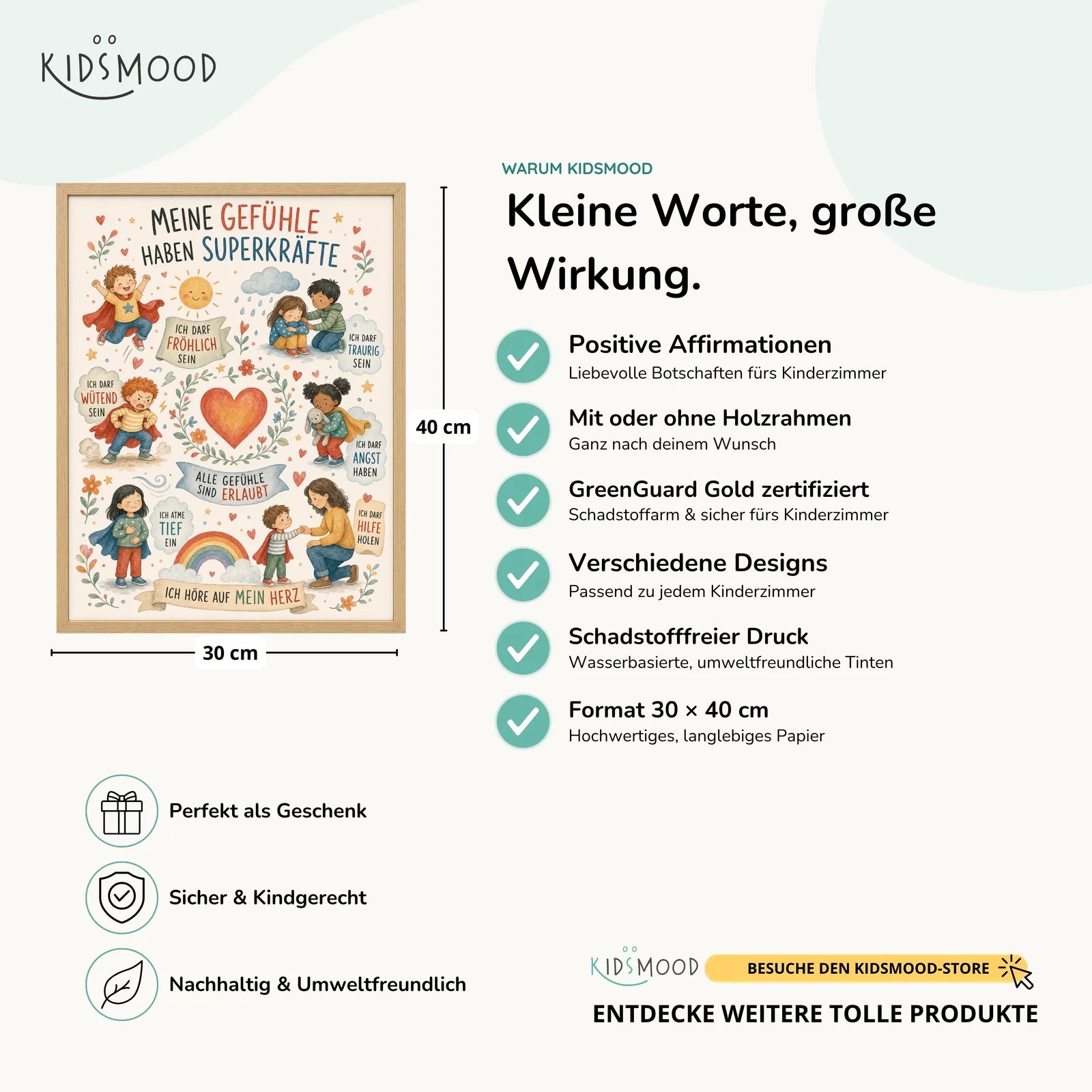 Affirmationsposter Kinderzimmer Wimmelbild Gefühle, Hauptbild im Holzrahmen, Format 30 x 40 cm