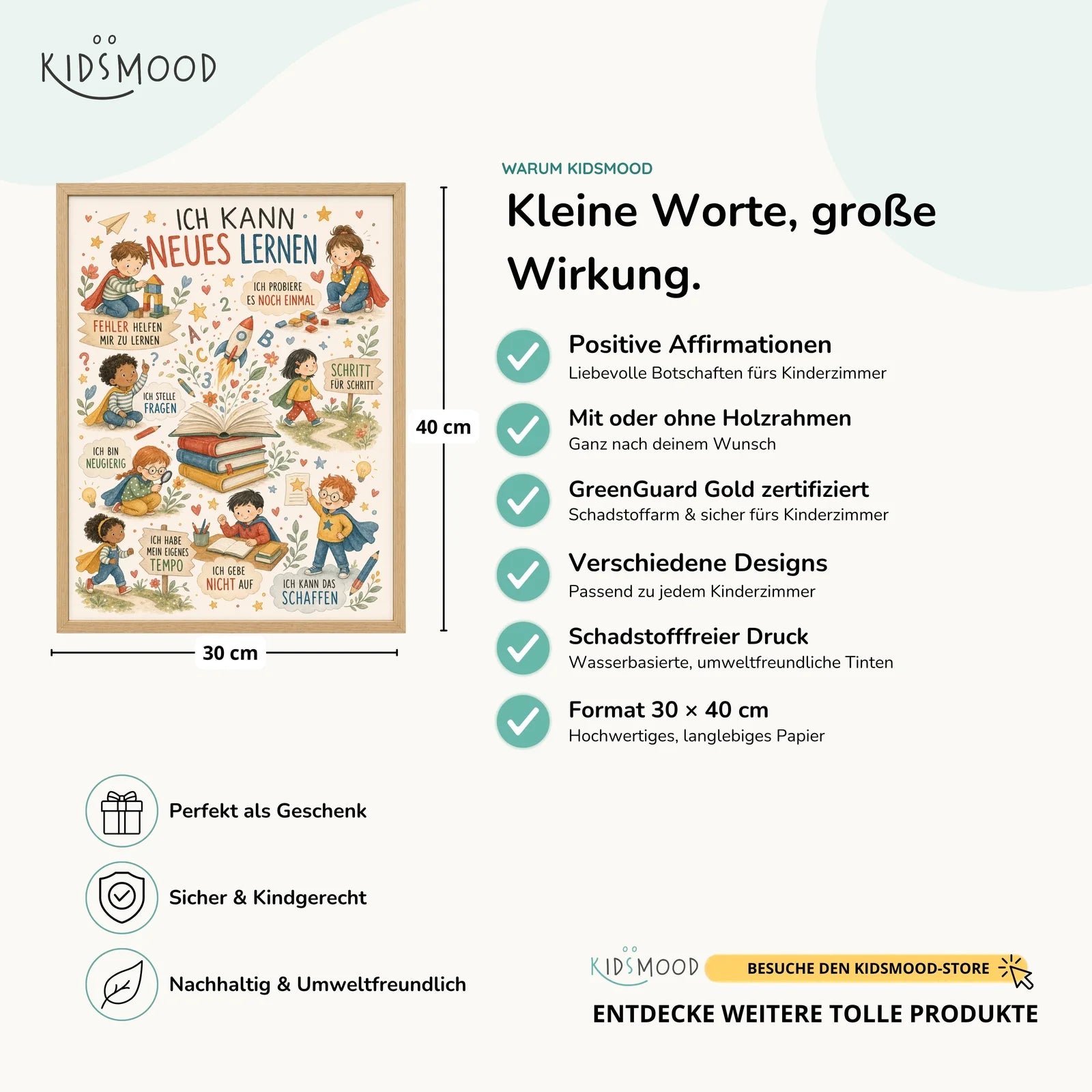 Affirmationsposter Kinderzimmer Wimmelbild Neues lernen, Hauptbild im Holzrahmen, Format 30 x 40 cm