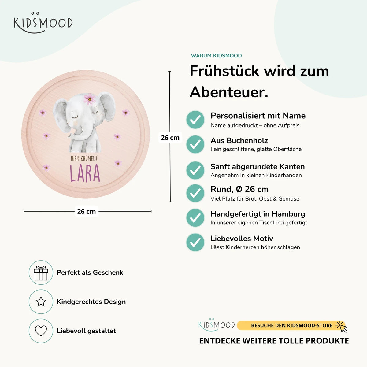 Rundes personalisiertes Frühstücksbrettchen Elefant Pünktchen mit Namen für Kinder