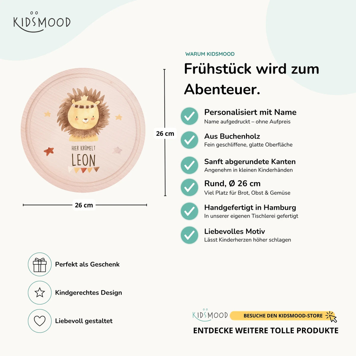 Rundes personalisiertes Frühstücksbrettchen Boho Löwe mit Namen für Kinder