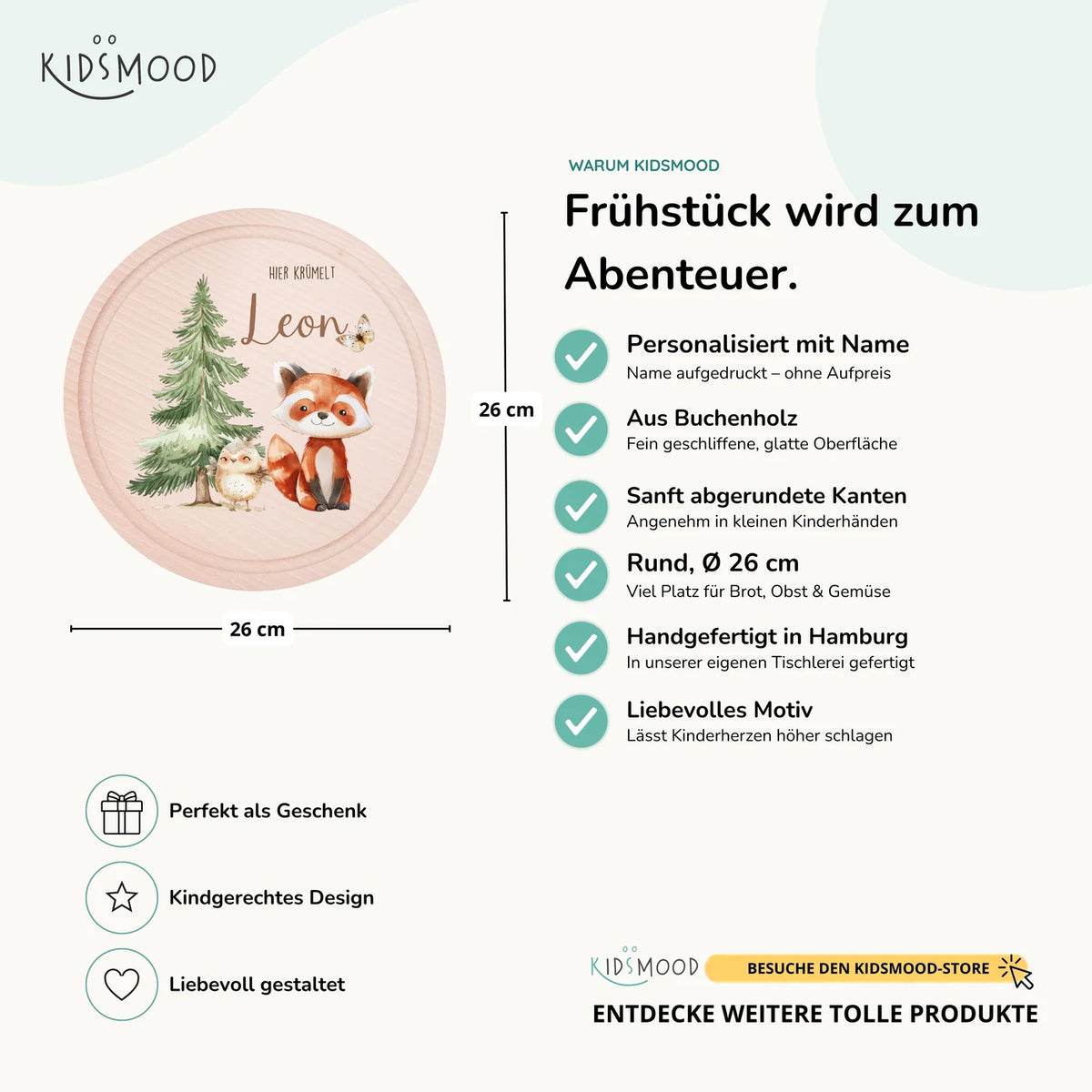 Rundes personalisiertes Frühstücksbrettchen Fuchs mit Namen für Kinder