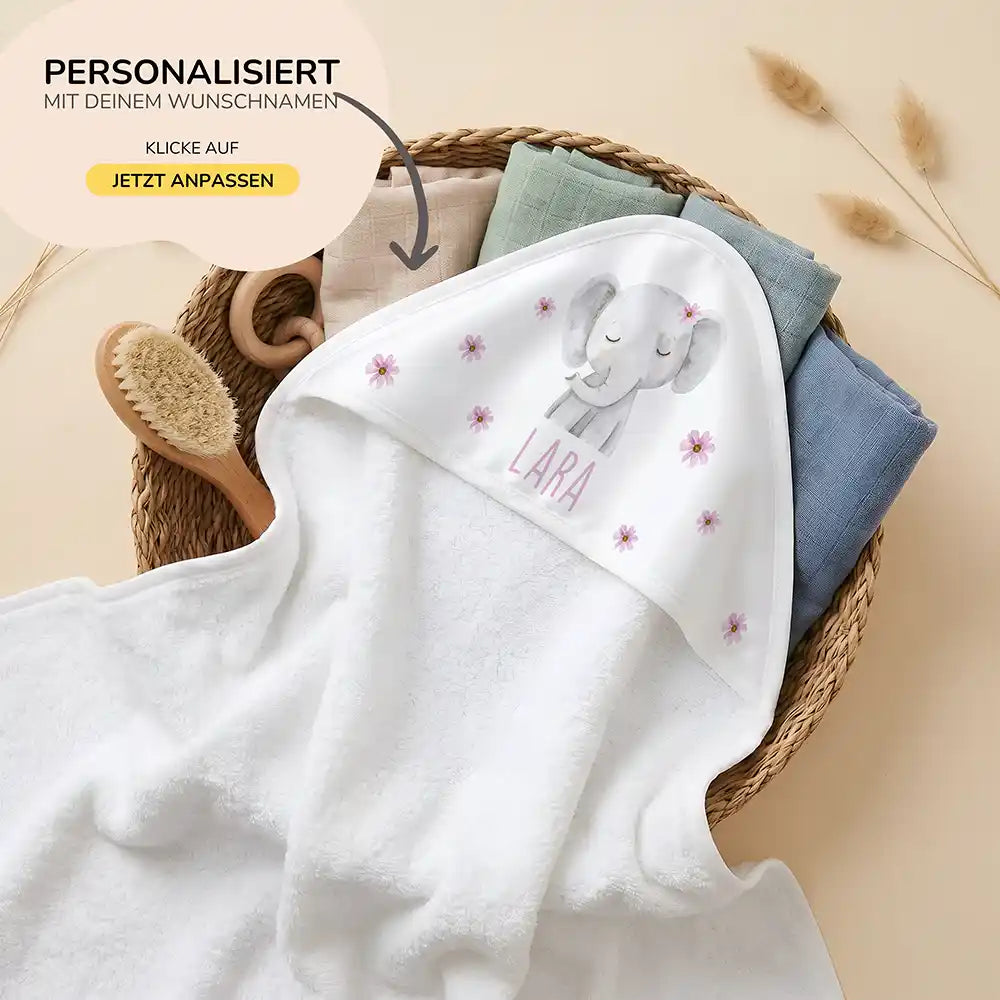 Personalisiertes Kapuzenhandtuch Baby Elefant Blüten – 80×80 cm Frottee mit Wunschname
