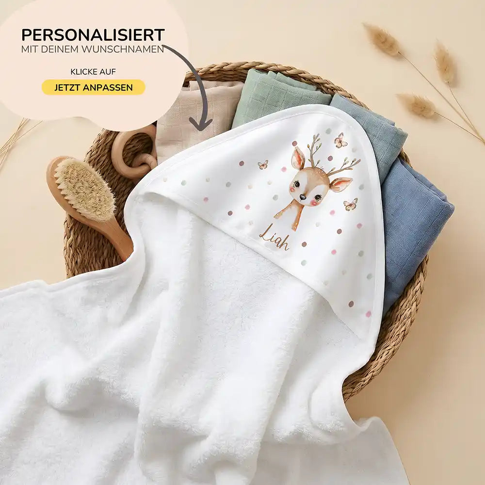 Personalisiertes Kapuzenhandtuch Baby Reh Schmetterlinge – 80×80 cm Frottee mit Wunschname