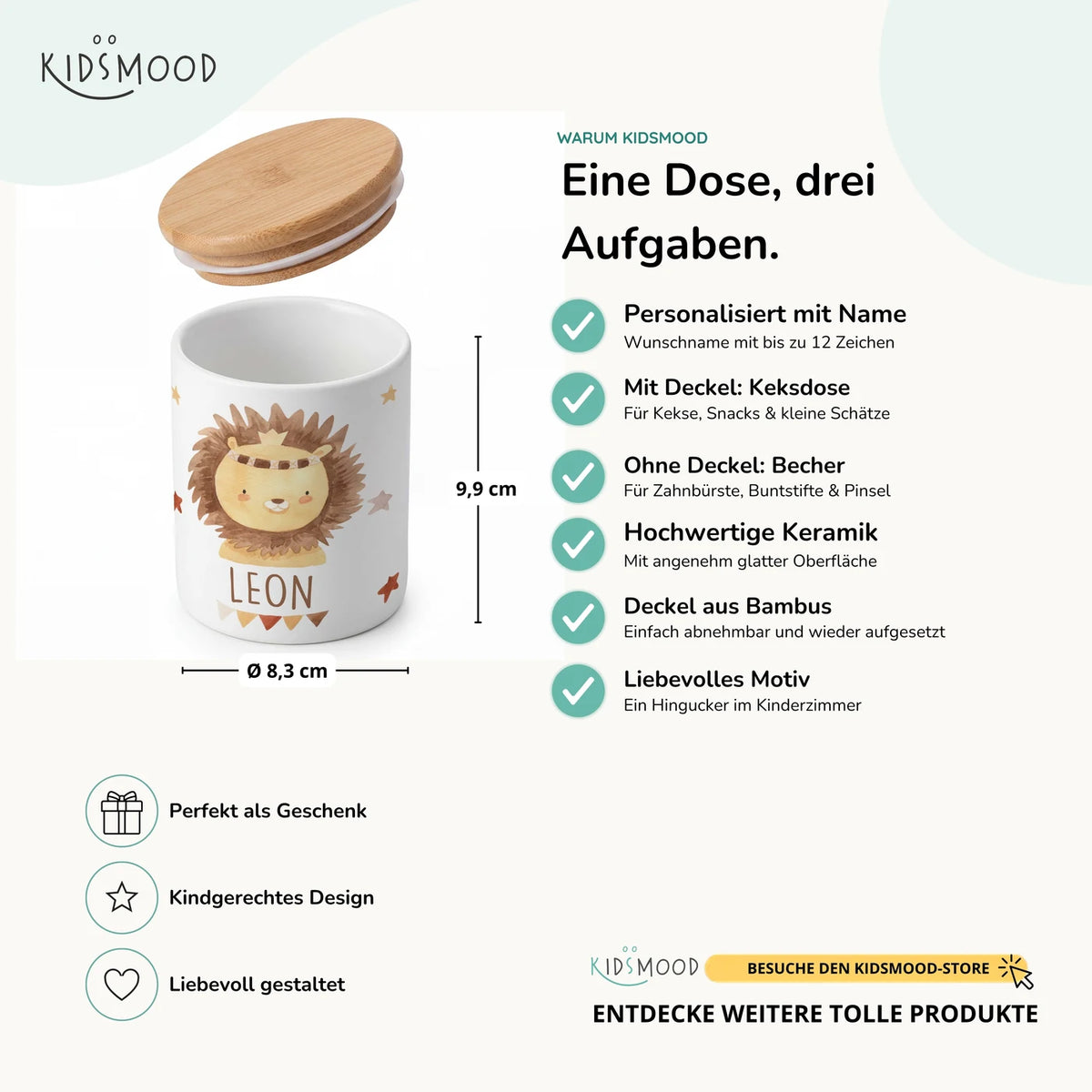 Personalisierte Keksdose Löwe Boho – Keramik & Bambus mit Wunschname