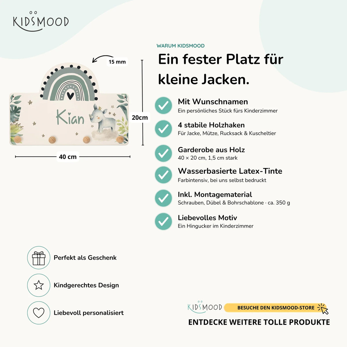 Kindergarderobe Holz personalisiert - Nashorn