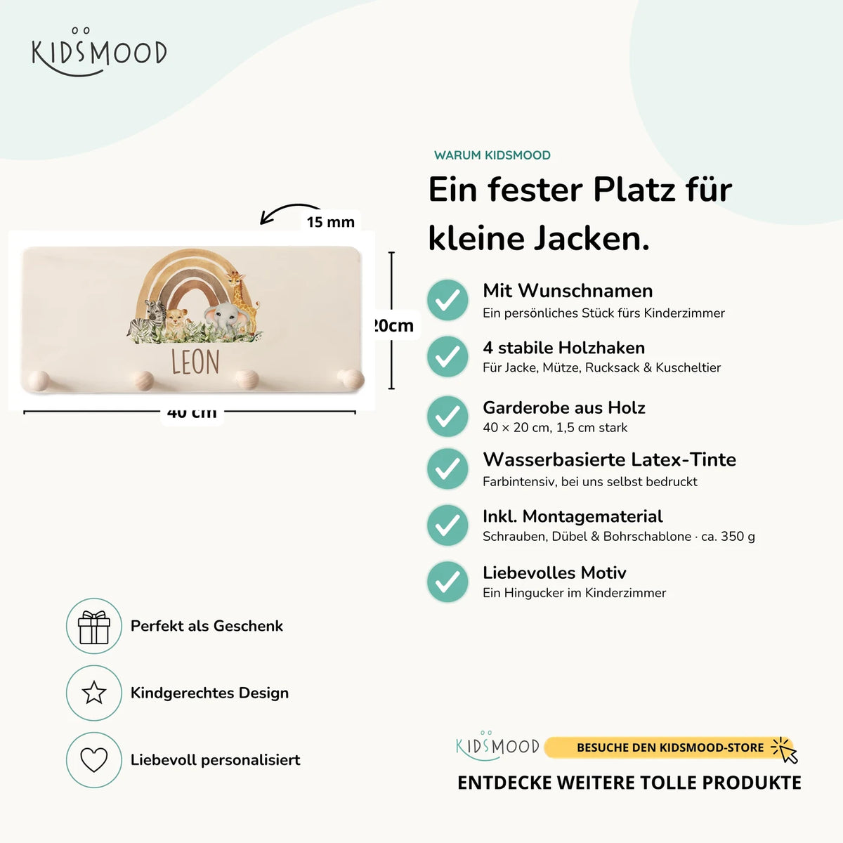 Kindergarderobe Holz personalisiert - Rainbow Animals