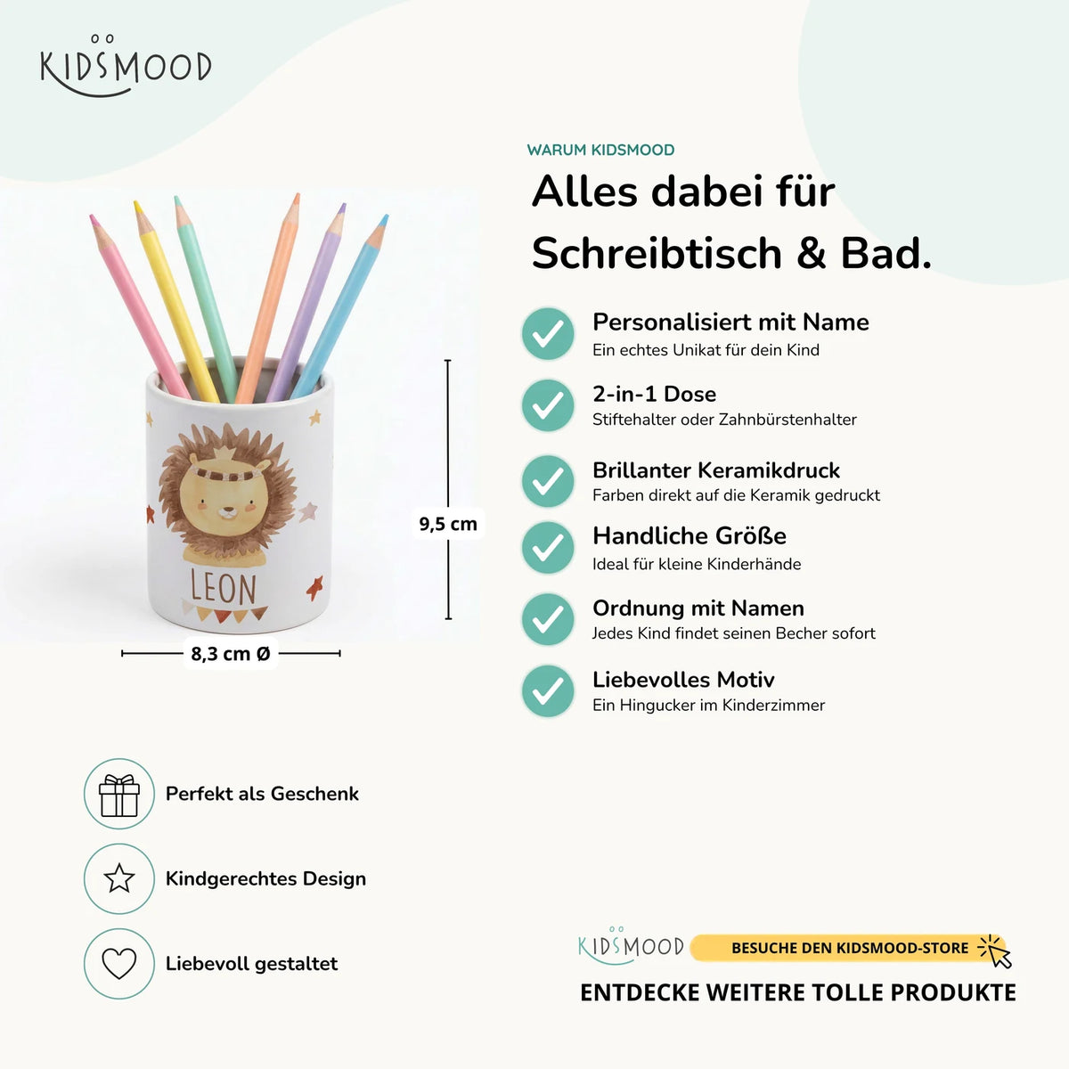 Personalisierter Stiftehalter Löwe Boho – Keramik mit Wunschname