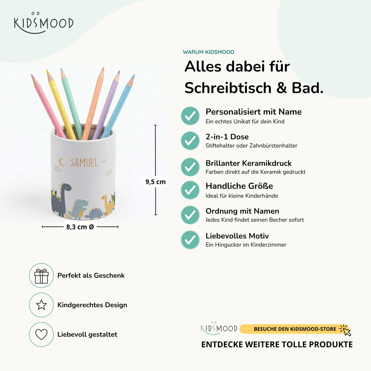 Personalisierter Stiftehalter Dinosaurier Mond – Keramik mit Wunschname