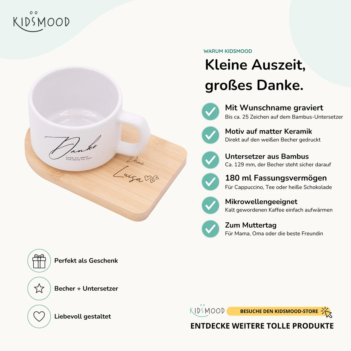 Muttertagsgeschenk Keramikbecher mit Untersetzer – Danke – immer für mich da