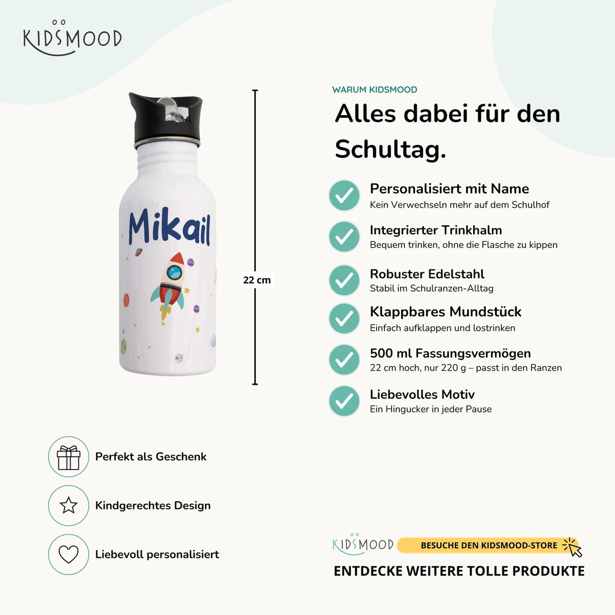 Trinkflasche Kinder Edelstahl - Weltraumrakete