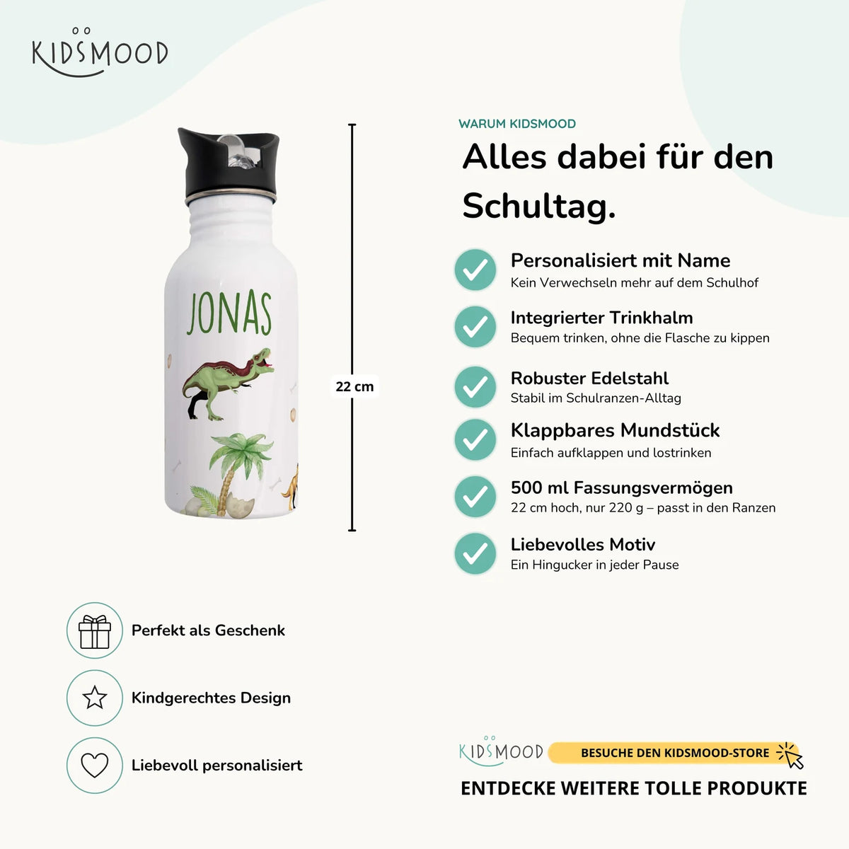 Trinkflasche Kinder Edelstahl - Dino Abenteuer - Personalisierbar mit Namen
