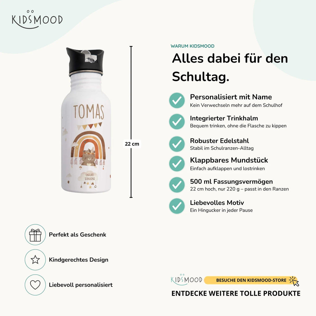 Trinkflasche Kinder Edelstahl - Boho Bär