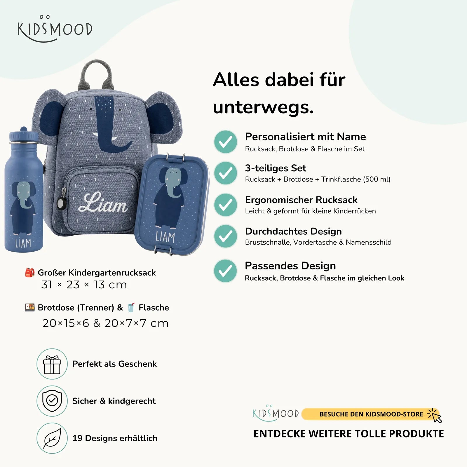 Trixie Kindergarten Set Elefant, Set aus Rucksack, Trinkflasche und Brotdose, personalisiert