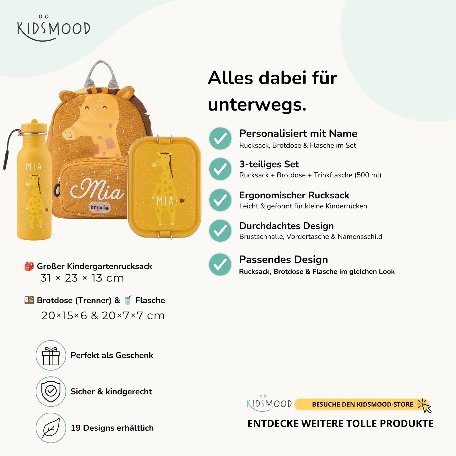Trixie Kindergarten Set Giraffe, Set aus Rucksack, Trinkflasche und Brotdose, personalisiert
