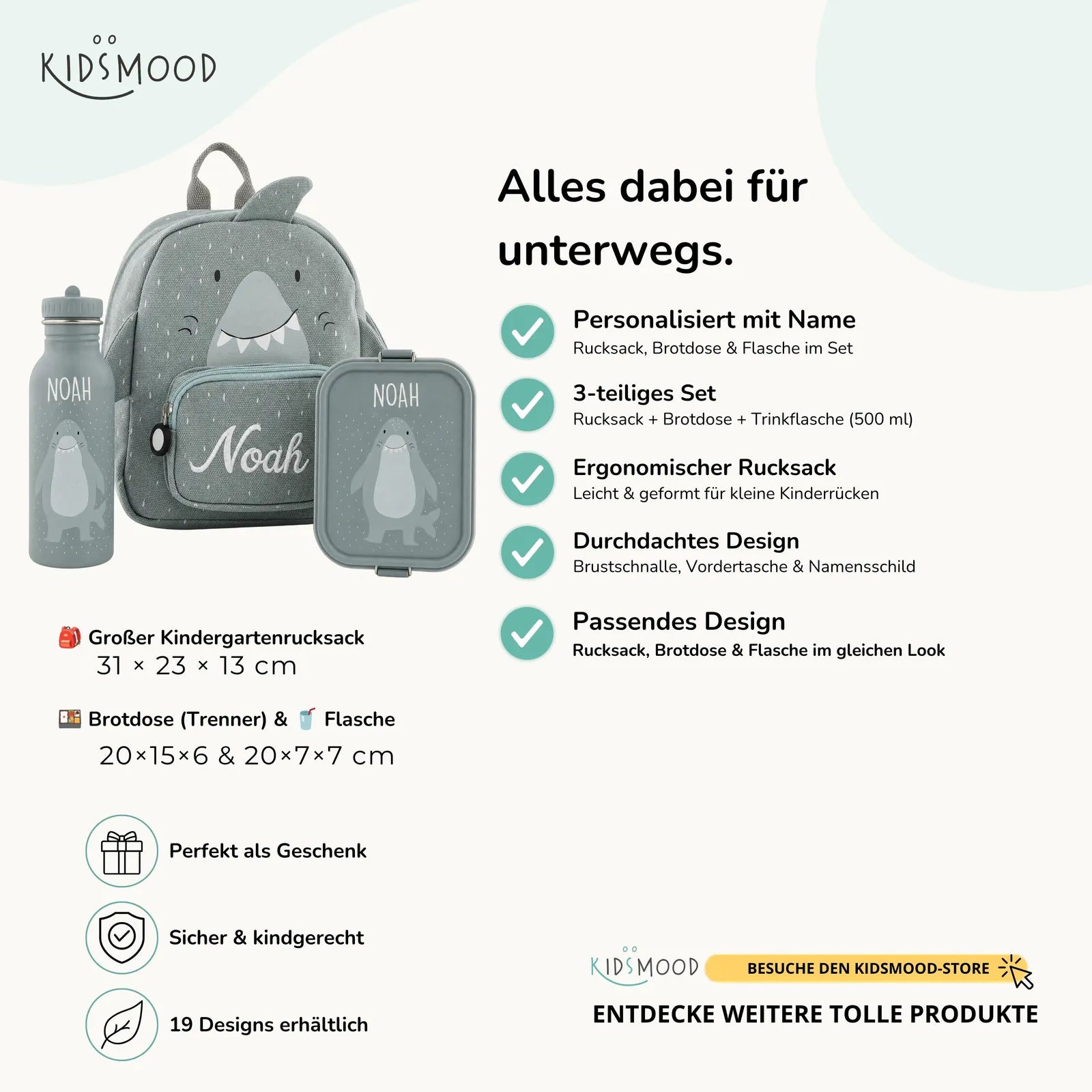Trixie Kindergarten Set Hai, Set aus Rucksack, Trinkflasche und Brotdose, personalisiert