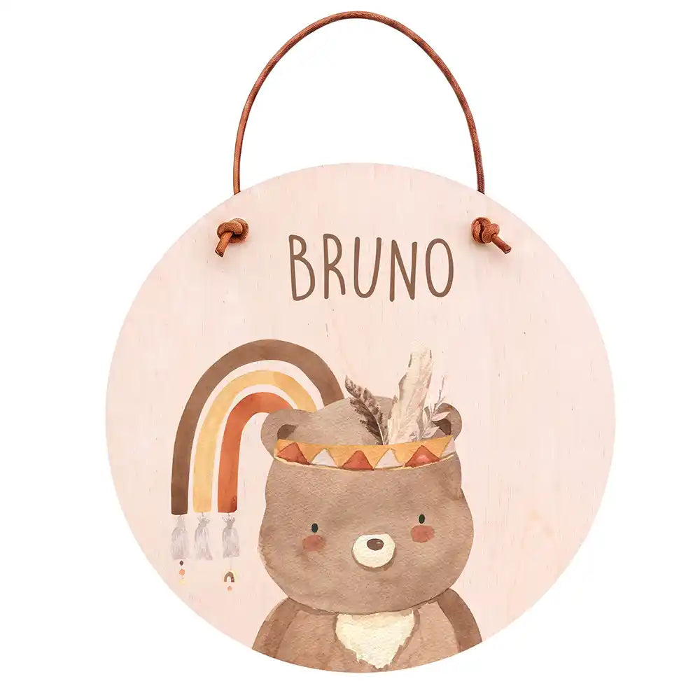 Türschild Kinderzimmer Bär mit Regenbogen, aus Echtholz, personalisiert mit Wunschname