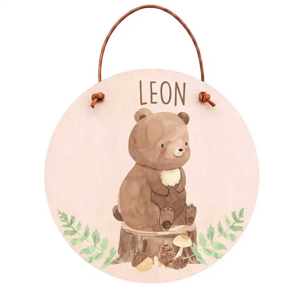 Türschild Kinderzimmer Bär im Wald, aus Echtholz, personalisiert mit Wunschname