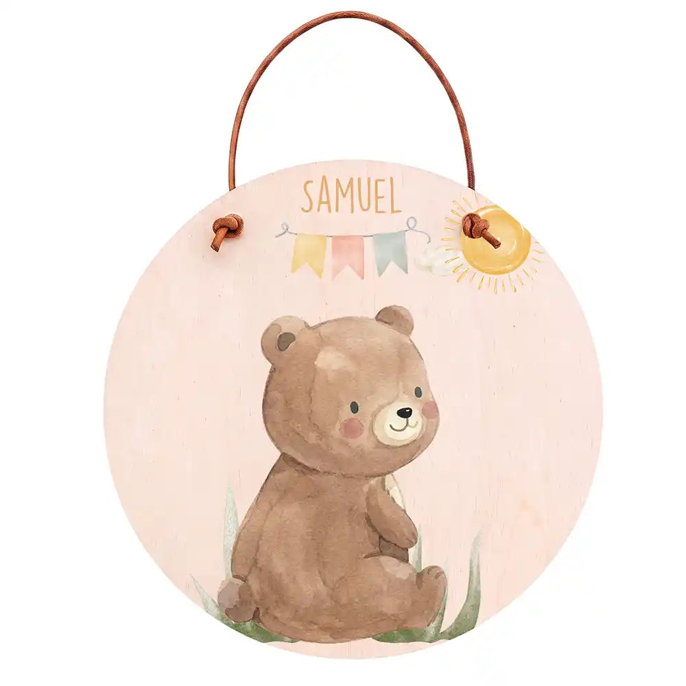 Türschild Kinderzimmer Bär mit Wimpelkette, aus Echtholz, personalisiert mit Wunschname