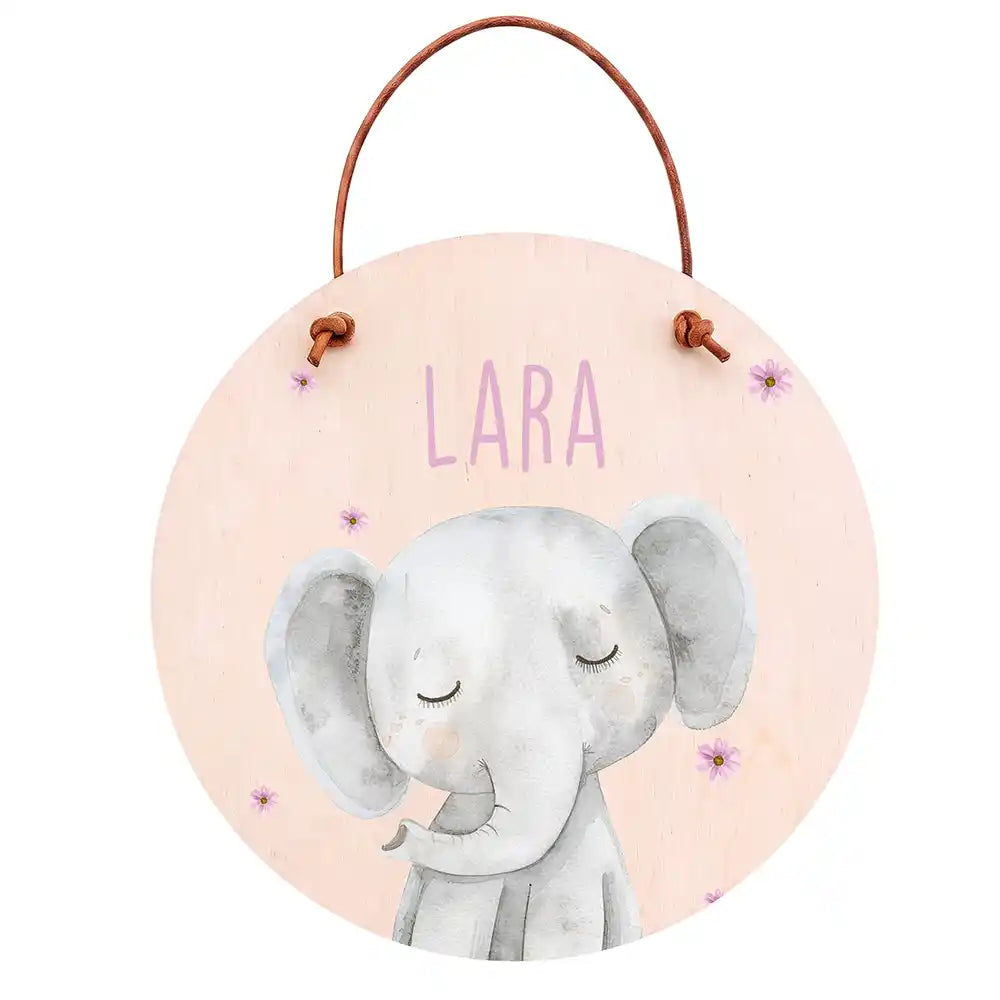 Türschild Kinderzimmer Elefant mit Blüten, aus Echtholz, personalisiert mit Wunschname