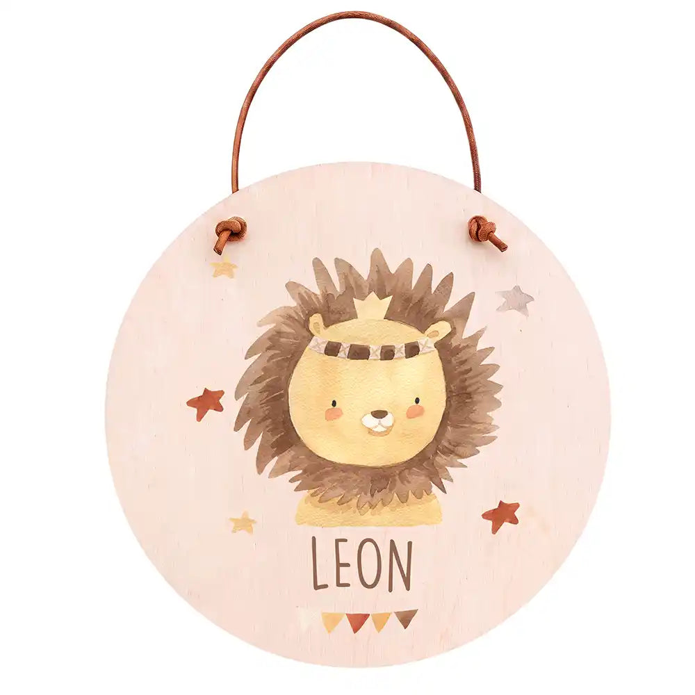 Türschild Kinderzimmer Löwe mit Krone, aus Echtholz, personalisiert mit Wunschname