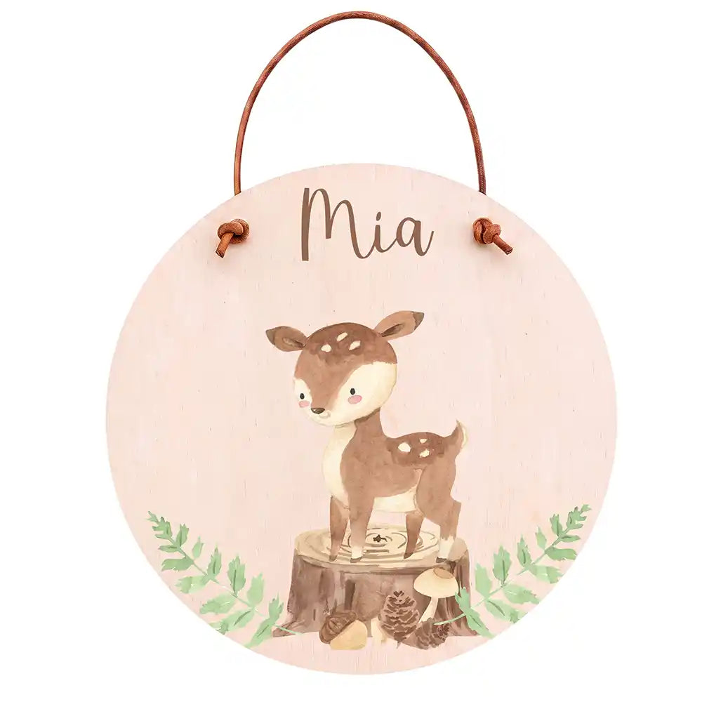 Türschild Kinderzimmer Reh im Wald, aus Echtholz, personalisiert mit Wunschname