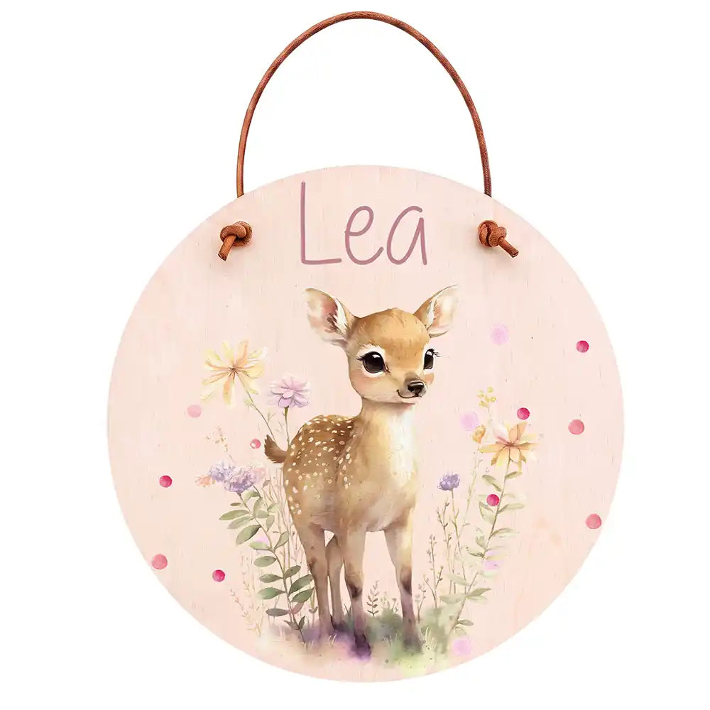 Türschild Kinderzimmer Reh mit Wildblumen, aus Echtholz, personalisiert mit Wunschname