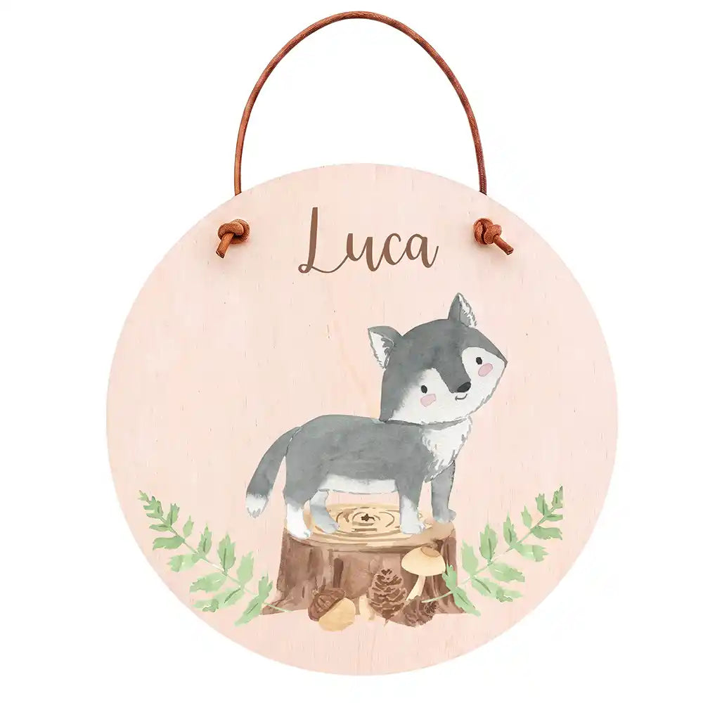 Türschild Kinderzimmer Wolf im Wald, aus Echtholz, personalisiert mit Wunschname