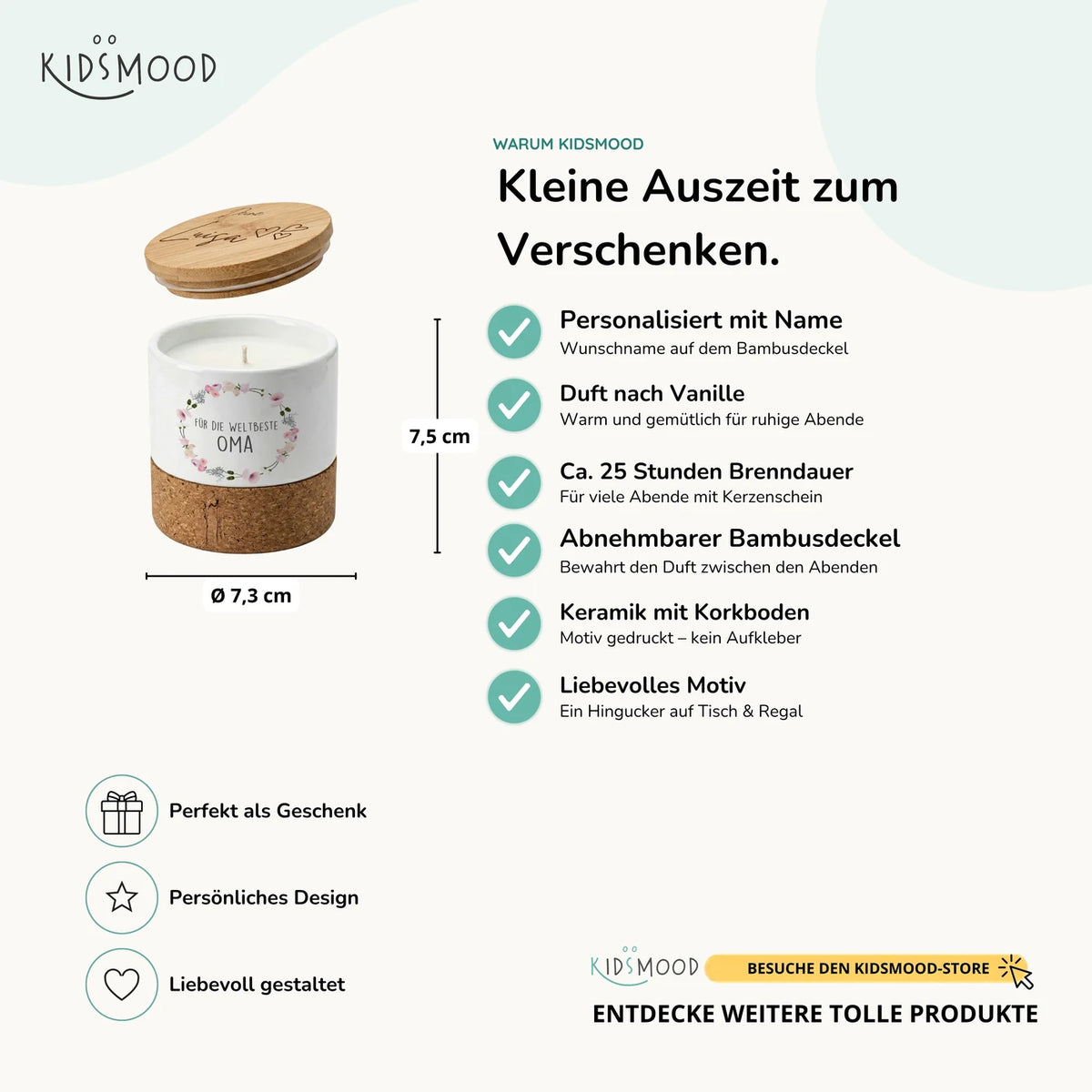 Duftkerze Vanille Keramik – Oma Blumenkranz mit Wunschname