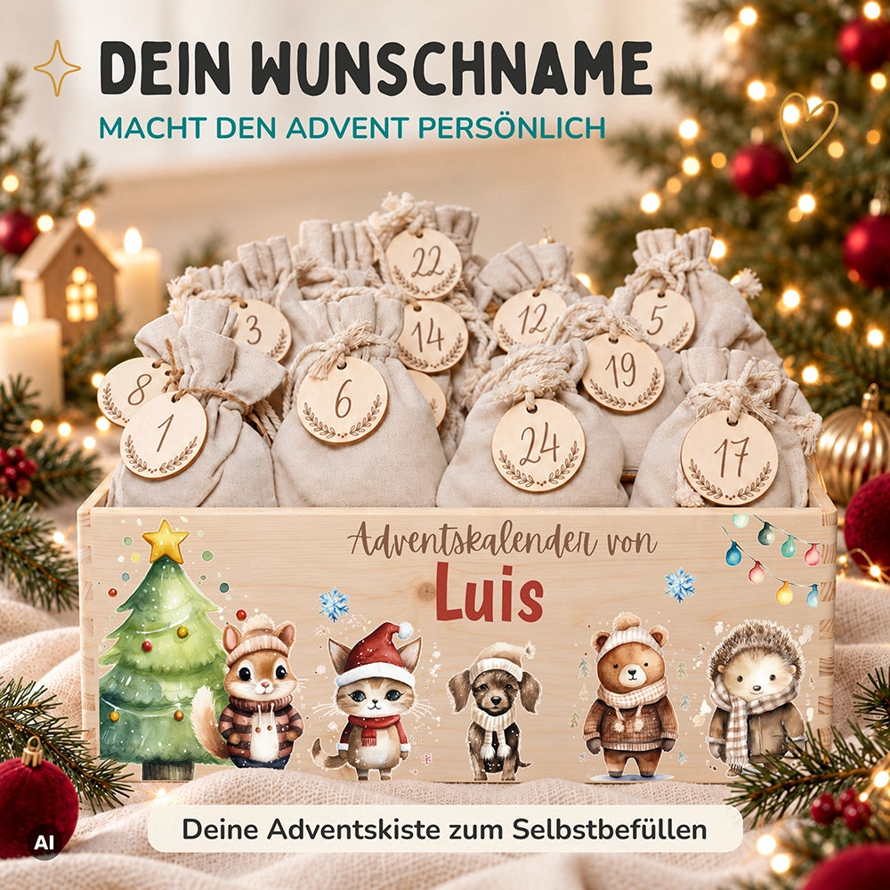 Personalisierter Adventskalender zum Befüllen - Tierfamilie im Winterwald