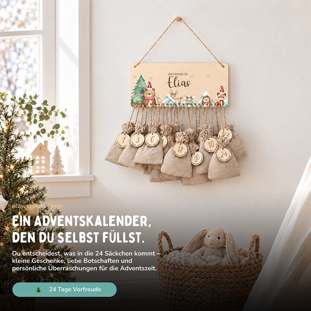 Personalisierbarer Adventskalender farbig - Glückliche Waldtiere