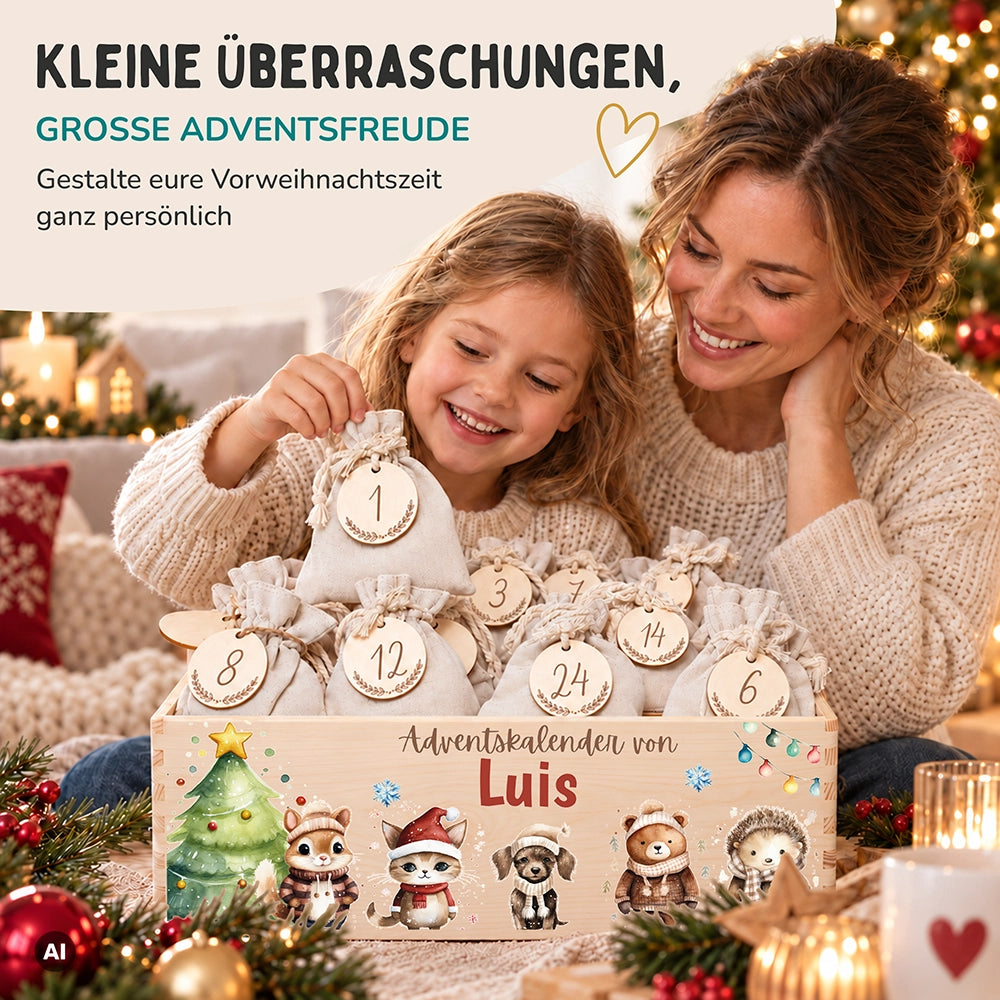 Personalisierter Adventskalender zum Befüllen - Tierfamilie im Winterwald
