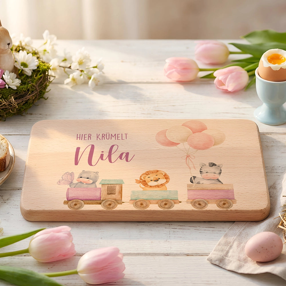 Frühstücksbrettchen Holz personalisiert - Tiere Eisenbahn