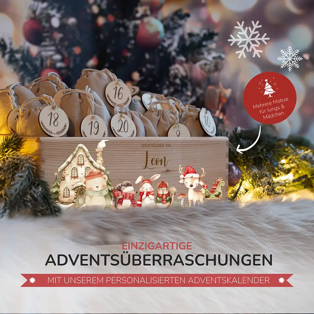 Adventskalender zum befüllen "Winterdorf mit Tieren" personalisiert