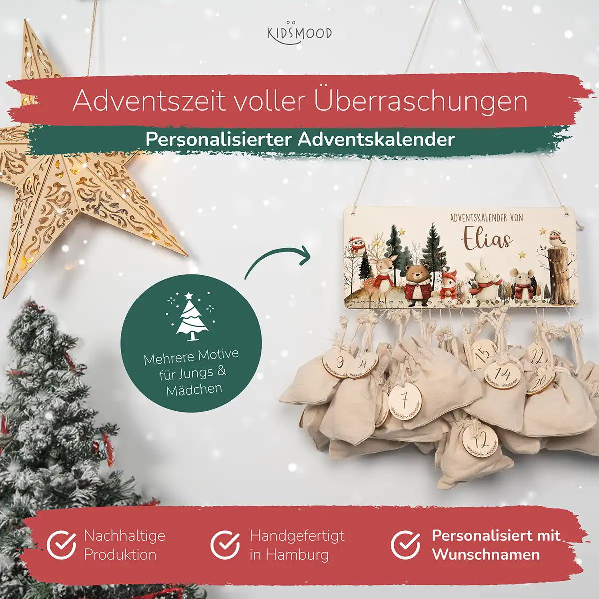 Personalisierbarer Adventskalender farbig - Frohe Tierfamilie