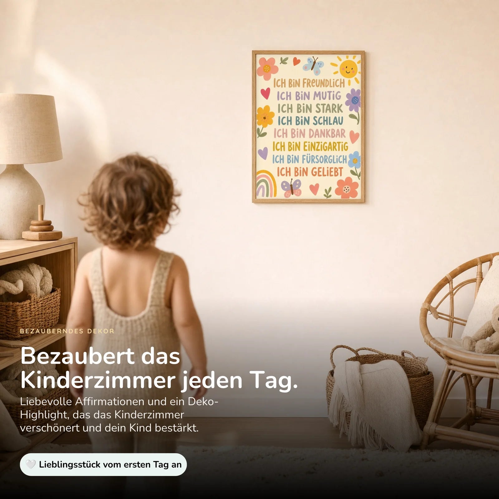 Affirmationsposter Kinderzimmer Blumenwiese Ich bin freundlich, im Kinderzimmer an der Wand