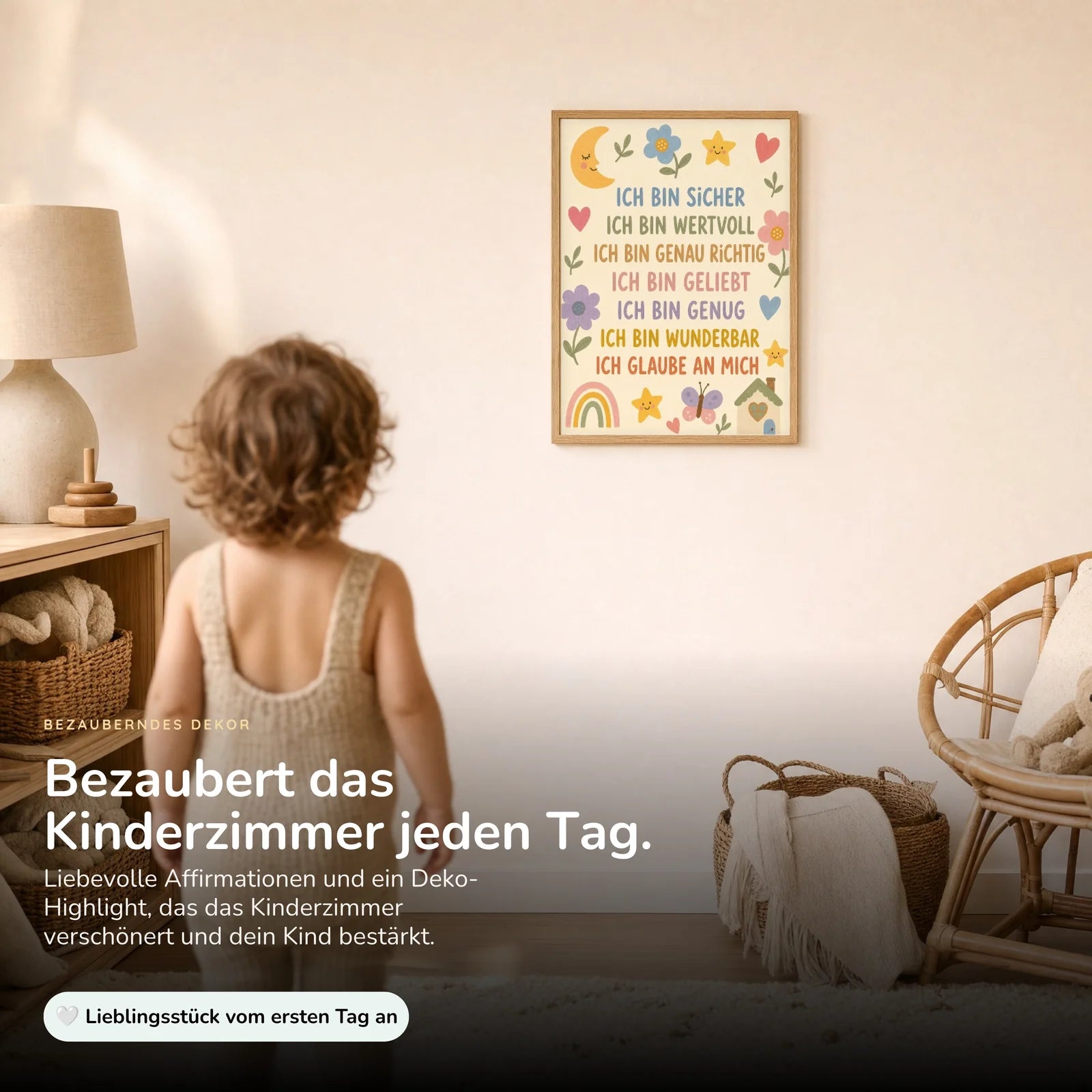 Affirmationsposter Kinderzimmer Blumenwiese Ich bin sicher, im Kinderzimmer an der Wand