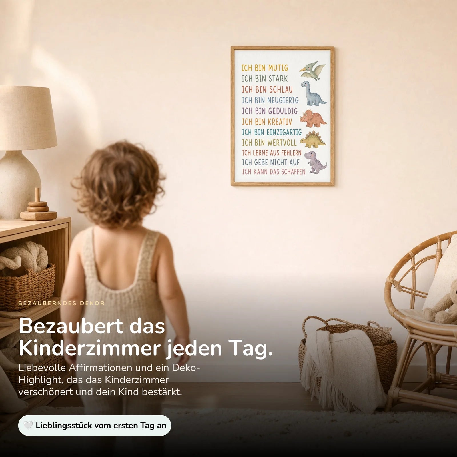 Affirmationsposter Kinderzimmer Dinos, im Kinderzimmer an der Wand