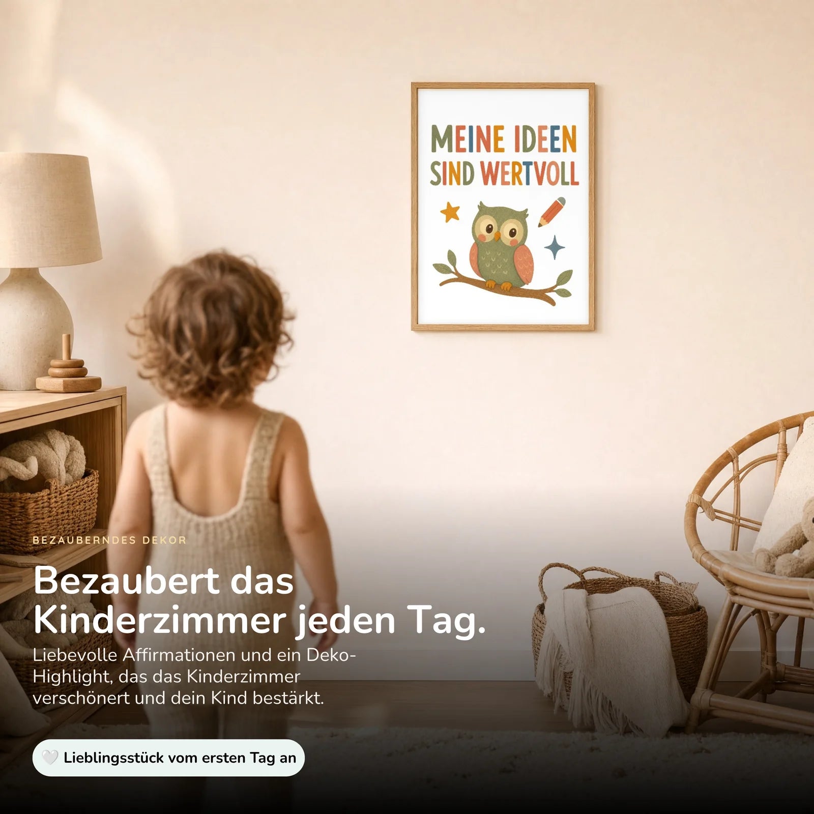 Affirmationsposter Kinderzimmer Eule Meine Ideen sind wertvoll, im Kinderzimmer an der Wand