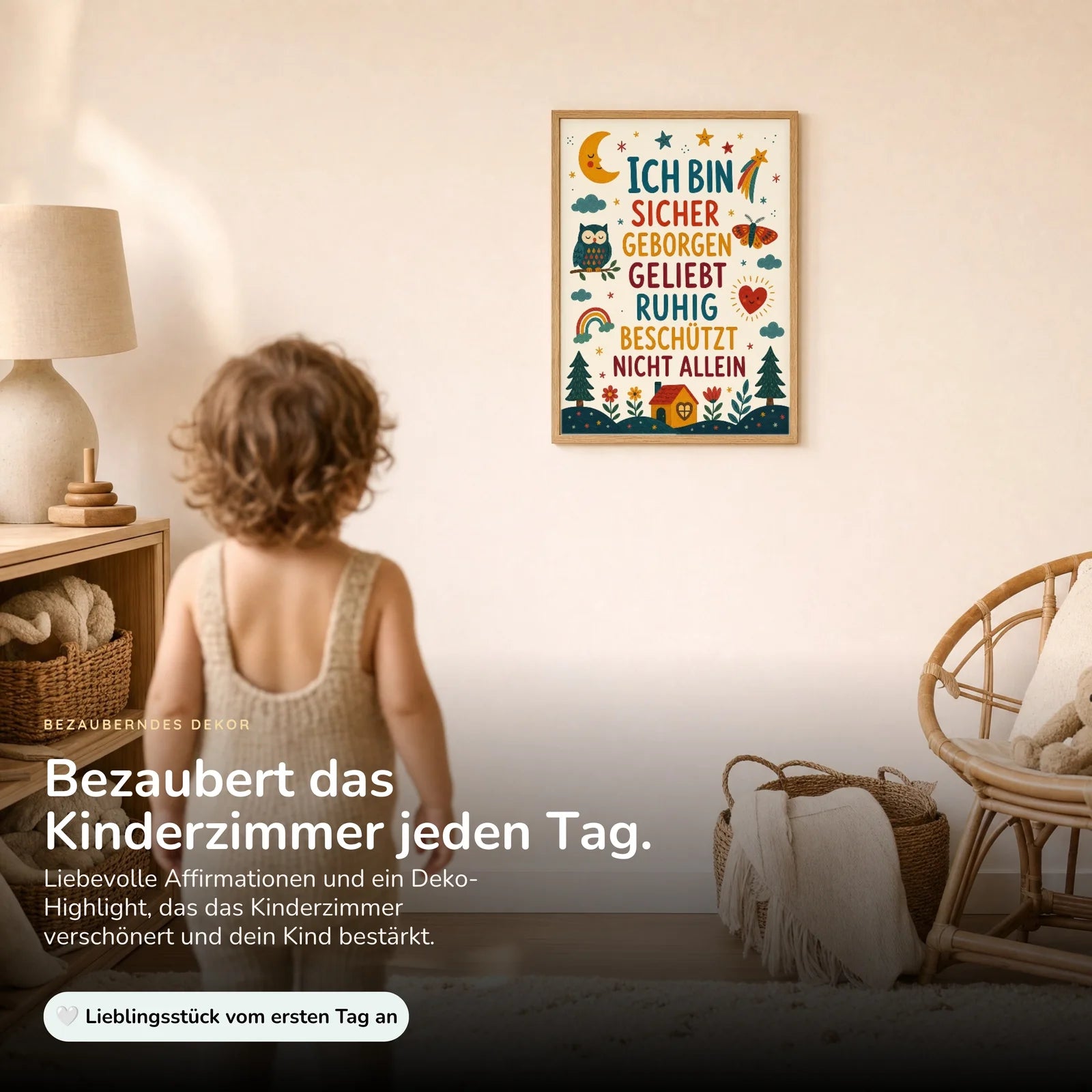 Affirmationsposter Kinderzimmer Nachthimmel Ich bin sicher, im Kinderzimmer an der Wand