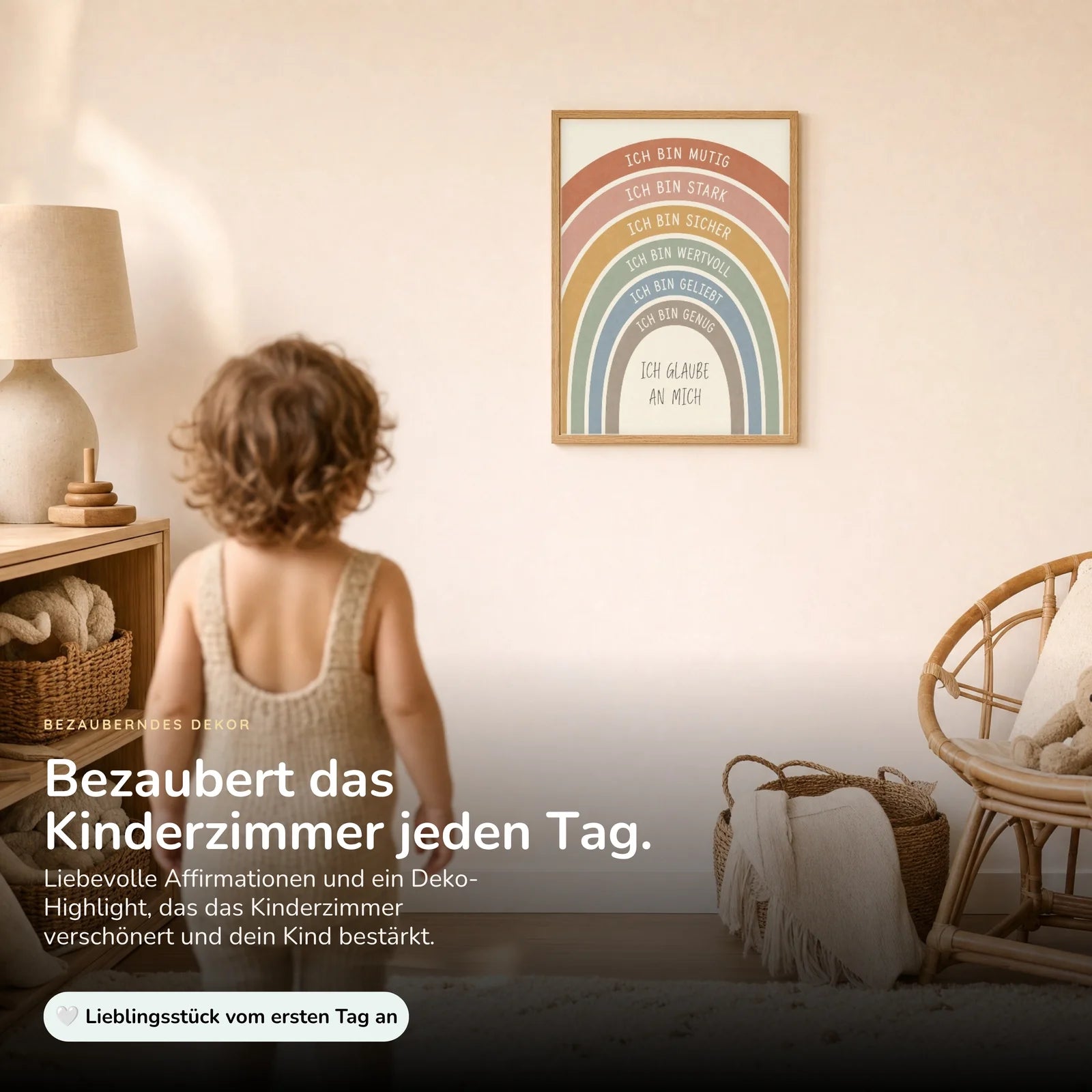 Affirmationsposter Kinderzimmer Regenbogen Creme, im Kinderzimmer an der Wand