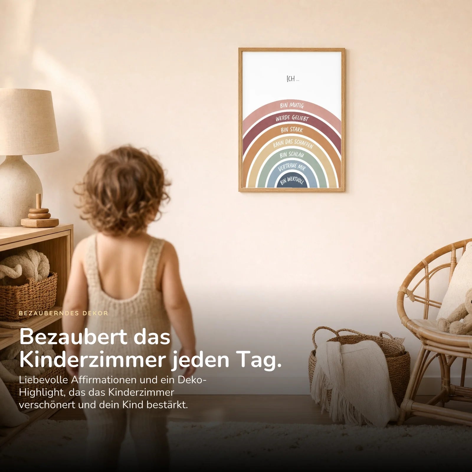 Affirmationsposter Kinderzimmer Regenbogen Ich bin mutig, im Kinderzimmer an der Wand